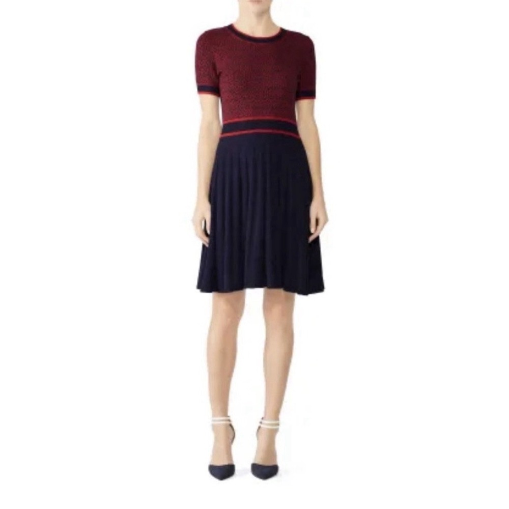 Fitted Dress w/ Flowy Pleated Skirt Draper James Magnolia Red & Navy Size S